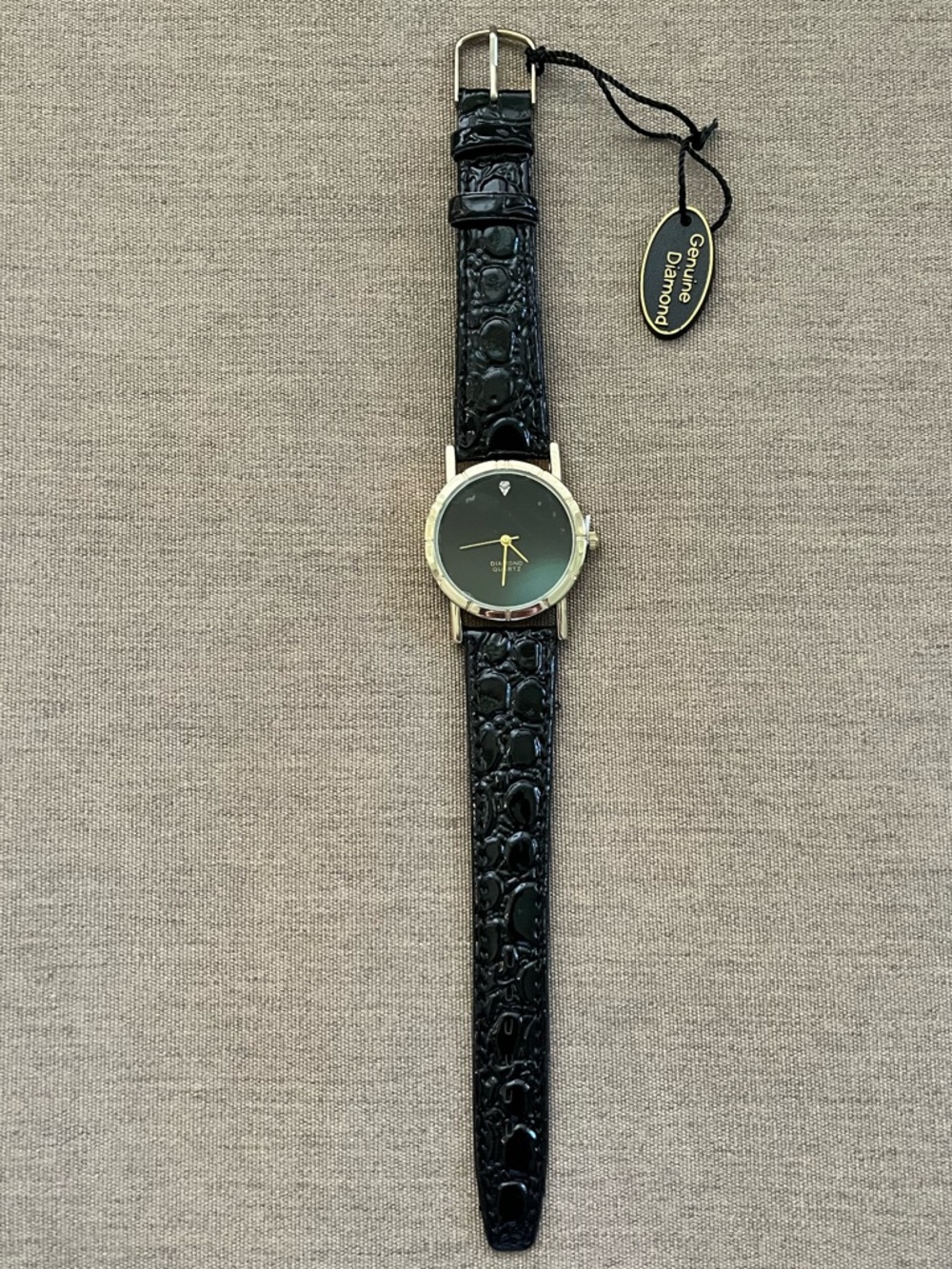 Genuine Diamond Quartz Black Croc-Embossed Leather Watch